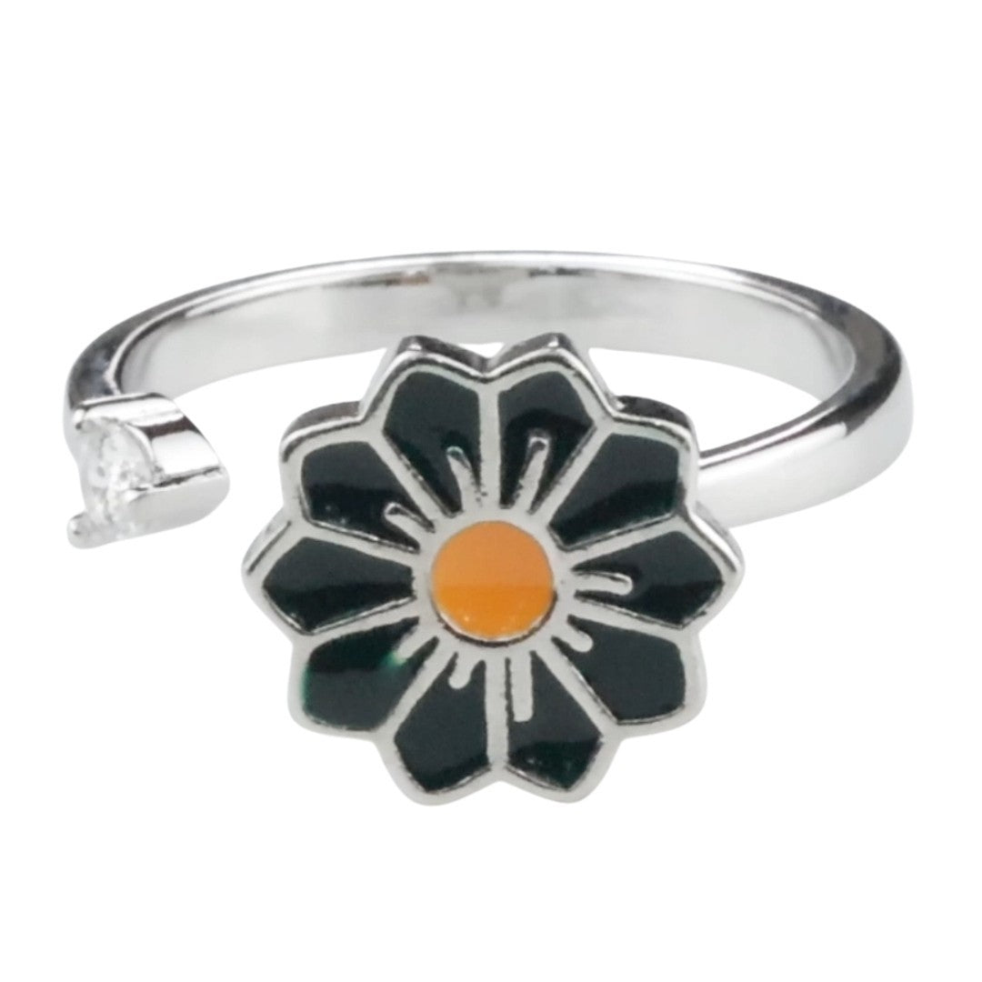 Daisy Flower Adjustable Open Ring Silver Tone Statement Ring Clear Accent 1596