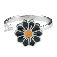 Daisy Flower Adjustable Open Ring Silver Tone Statement Ring Clear Accent 1596