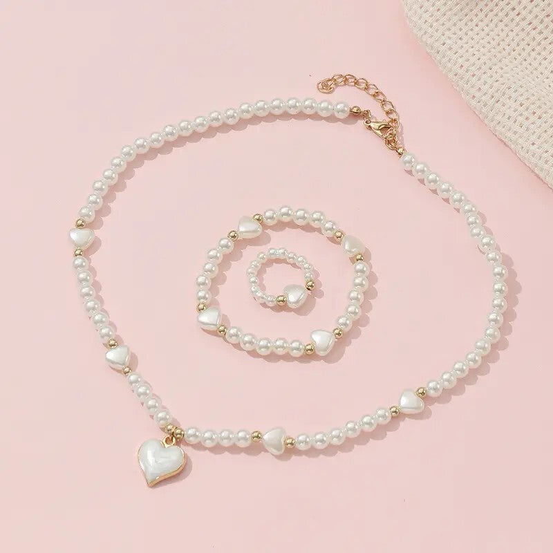 3pcs Necklace Bracelet Ring Set Girls, Sweet Heart Faux Pearl Jewelry Set 107 UK