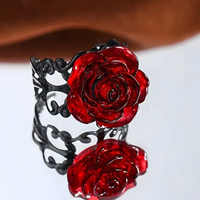 Gothic Red Rose Statement Ring - Ornate Black Vine Filigree Adjustable Band 1490