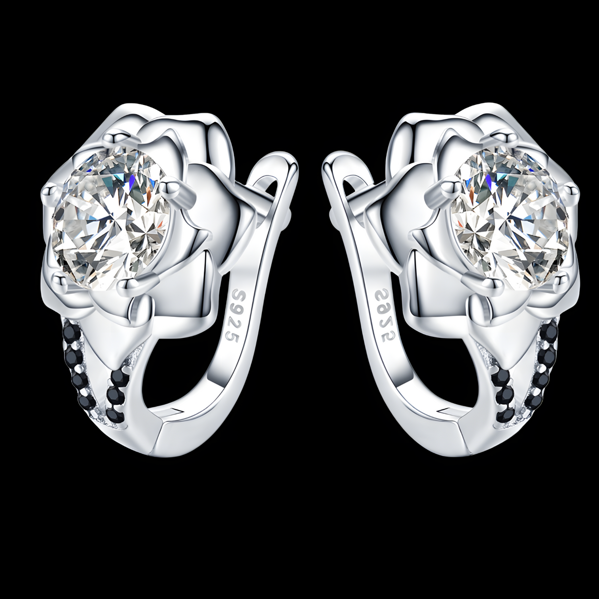 Unified Jewellery Black Spinel Flower Hoop Earrings - Trendy Silver Tone B73