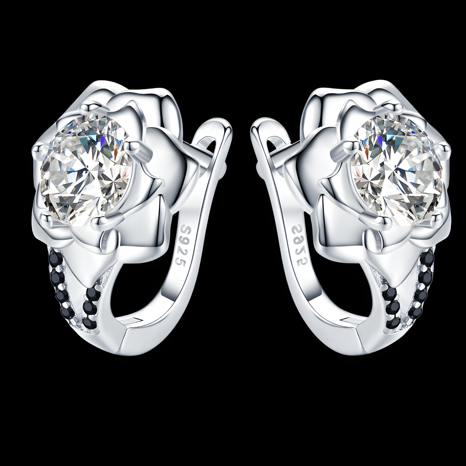 Unified Jewellery Black Spinel Flower Hoop Earrings - Trendy Silver Tone B73