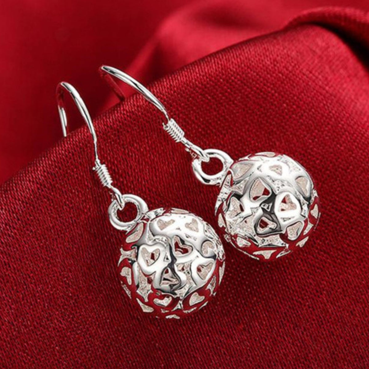 925 Sterling Silver Textured Ball Drop Earrings - Hollowed Out Sphere Dangle 357