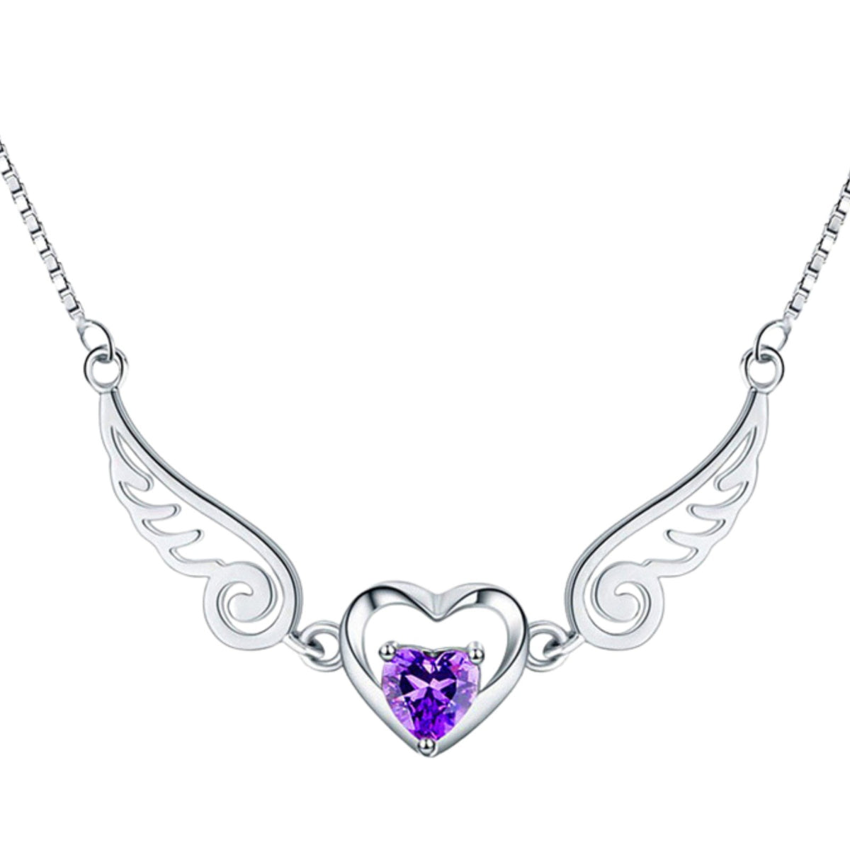Unified Jewellery Sterling Silver Angel Wing Heart Necklace, Purple Crystal 329
