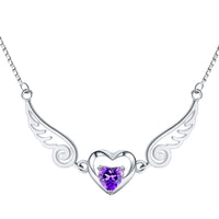 Unified Jewellery Sterling Silver Angel Wing Heart Necklace, Purple Crystal 329
