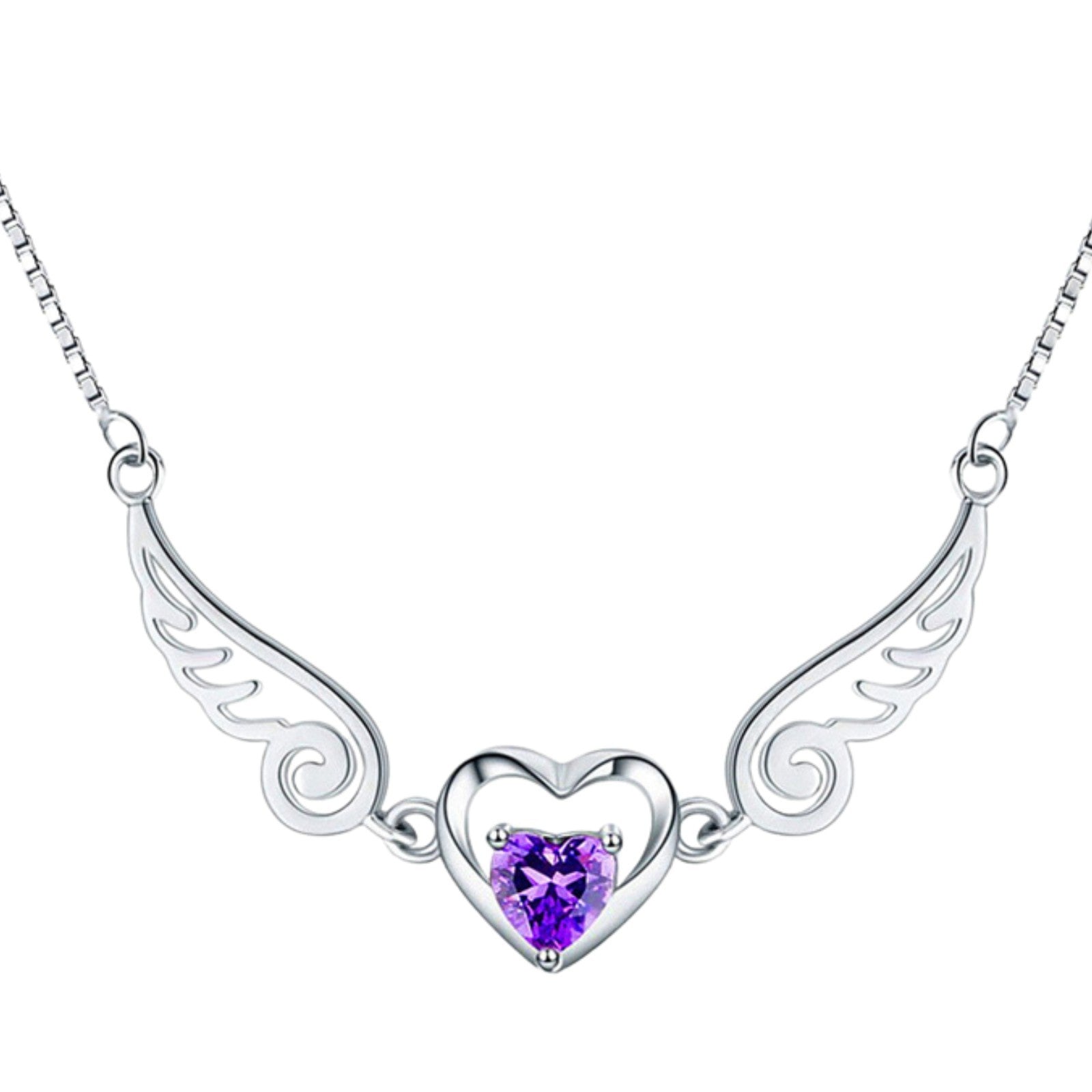 Unified Jewellery Sterling Silver Angel Wing Heart Necklace, Purple Crystal 329