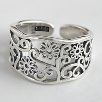 925 Sterling Silver Floral Adjustable Ring, Wide Openwork Flower Statement 1883