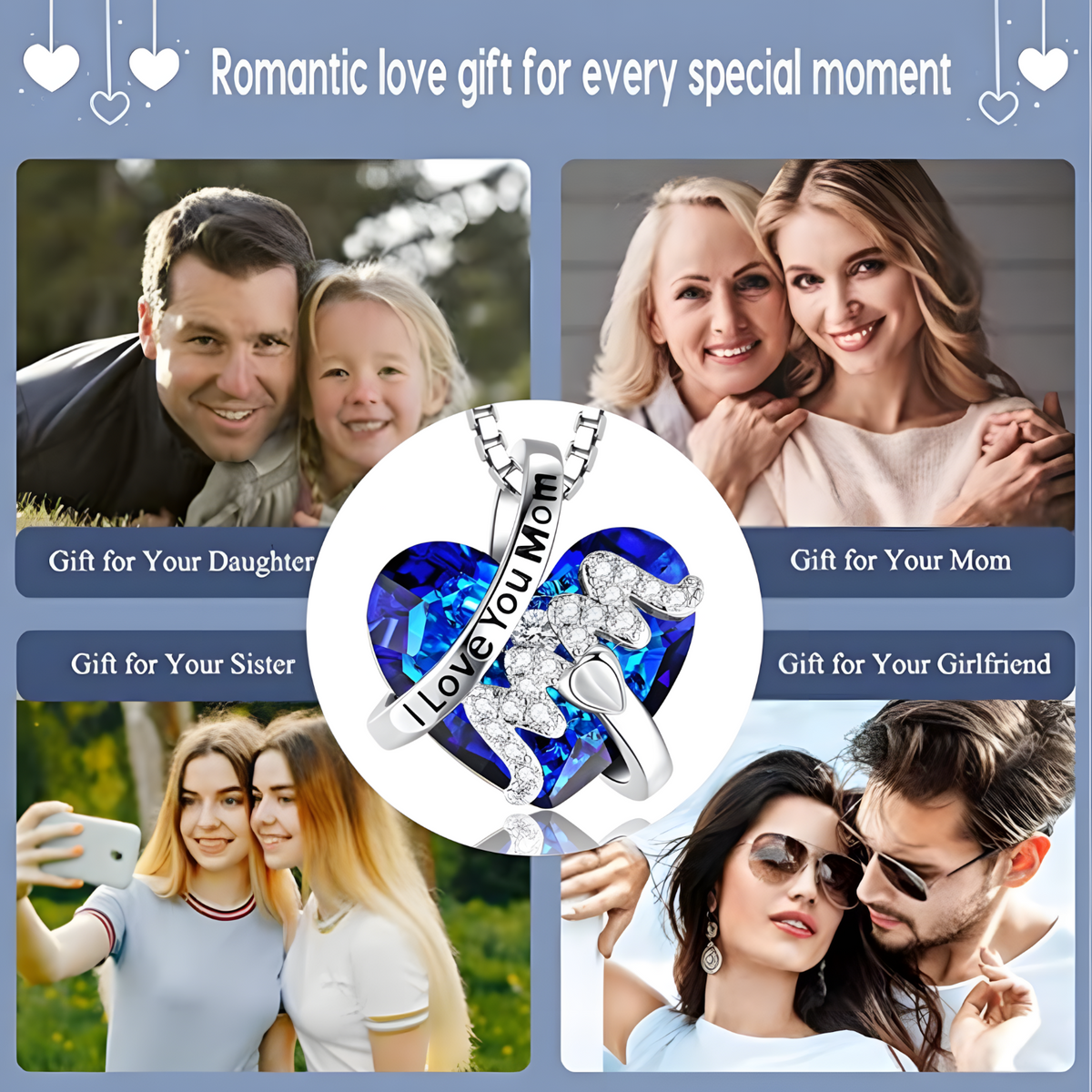 Luxury Mom Pendant Necklace Blue Heart Jewelry Christmas Mother's  Day B91