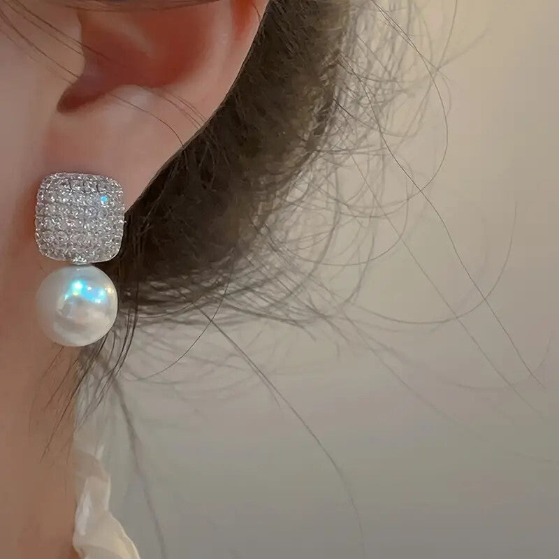 Delicate Square Stud Earrings Imitation Pearl Pendant Zinc Alloy Jewelry 76 UK