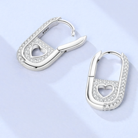 Silver Plated Heart Cutout Safety Pin Huggie Hoop Earrings, Pave CZ Diamond 634
