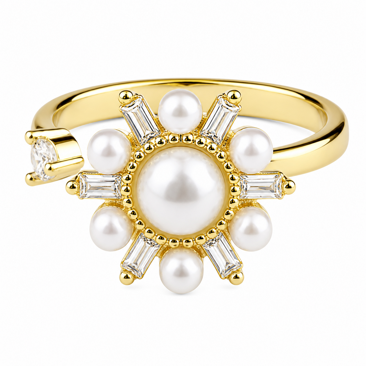 Rotatable Pearl Sunburst Spinner Ring Adjustable Open Band Gold Statement 1592