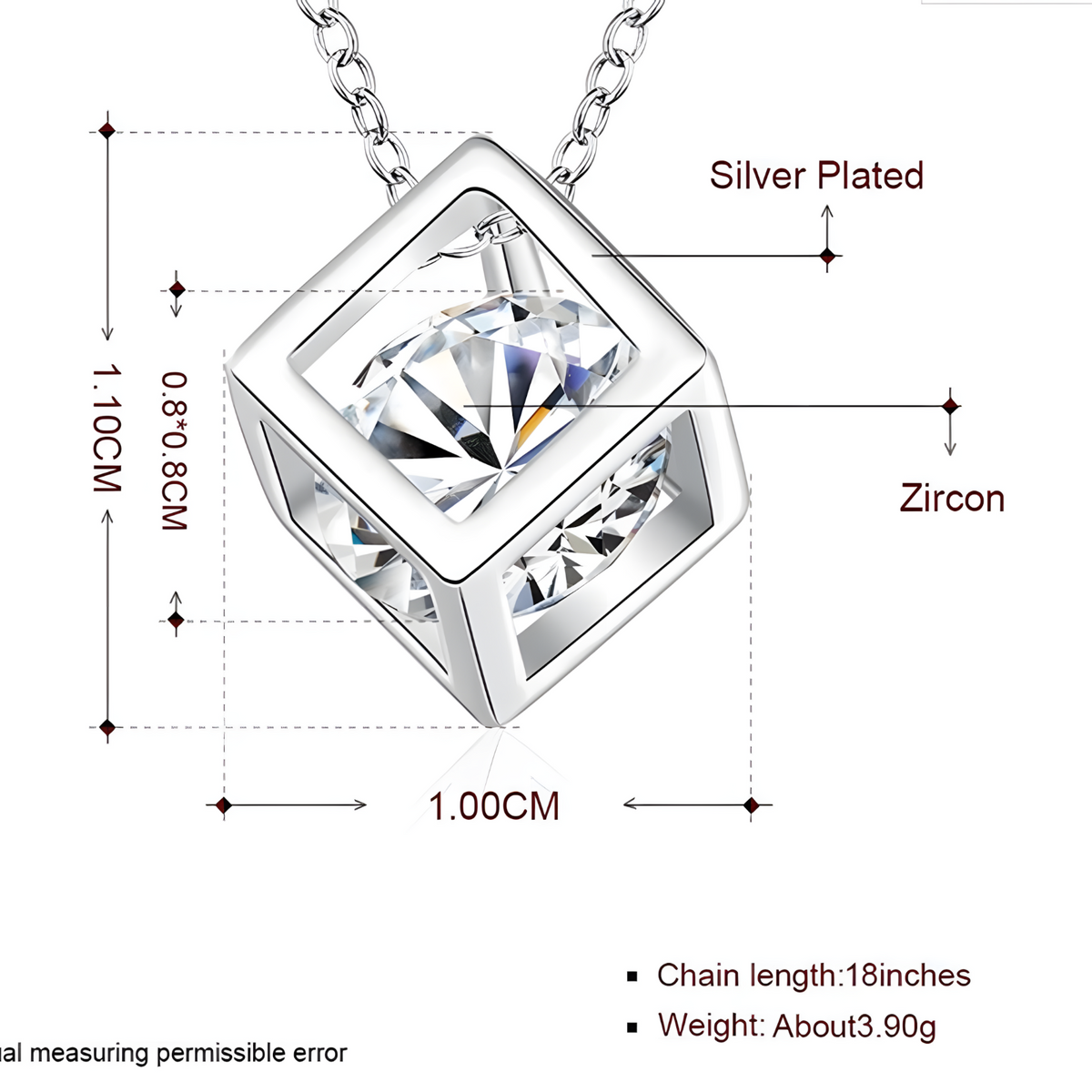 Silver-Plated Geometric Cube Necklace Women – Zircon Crystal Pendant, Link 839