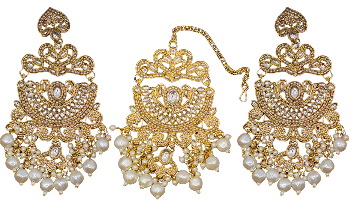 Elegant Bollywood Inspired Gold Kundan Earrings and Tika Set Indian Jewelry 248