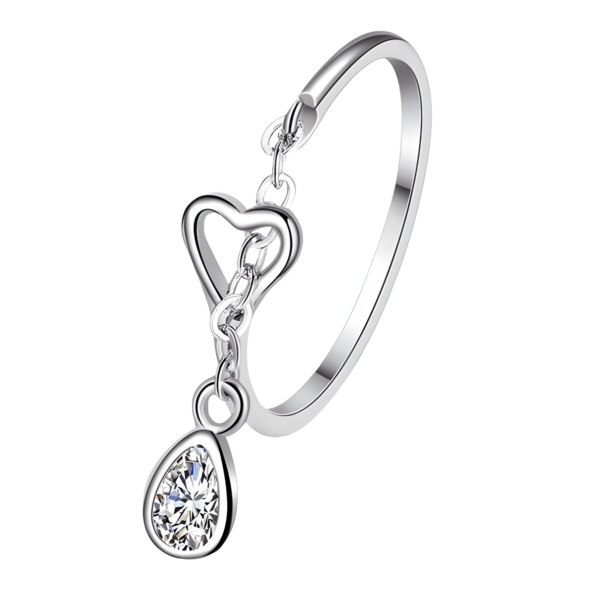 925 Sterling Silver Heart Love Dangle Crystal Adjustable Ring - AAA Zircon 364