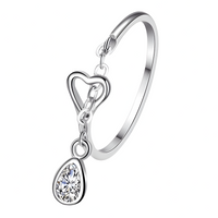 925 Sterling Silver Heart Love Dangle Crystal Adjustable Ring - AAA Zircon 364