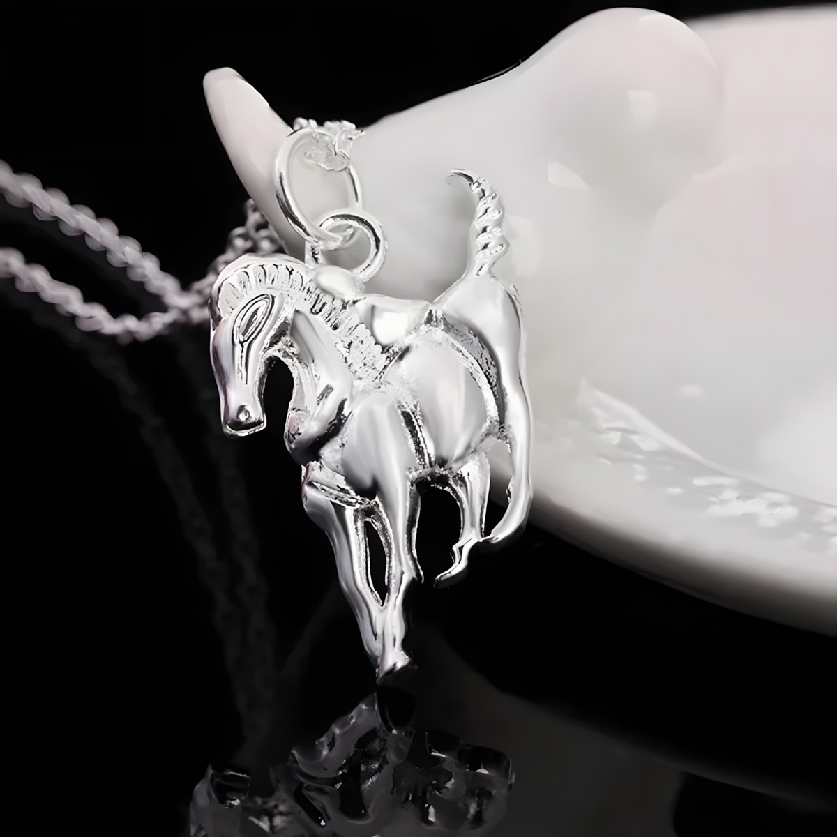 925 Sterling Silver Horse Head Charm with Chain, Modern Equestrian Horseback 476
