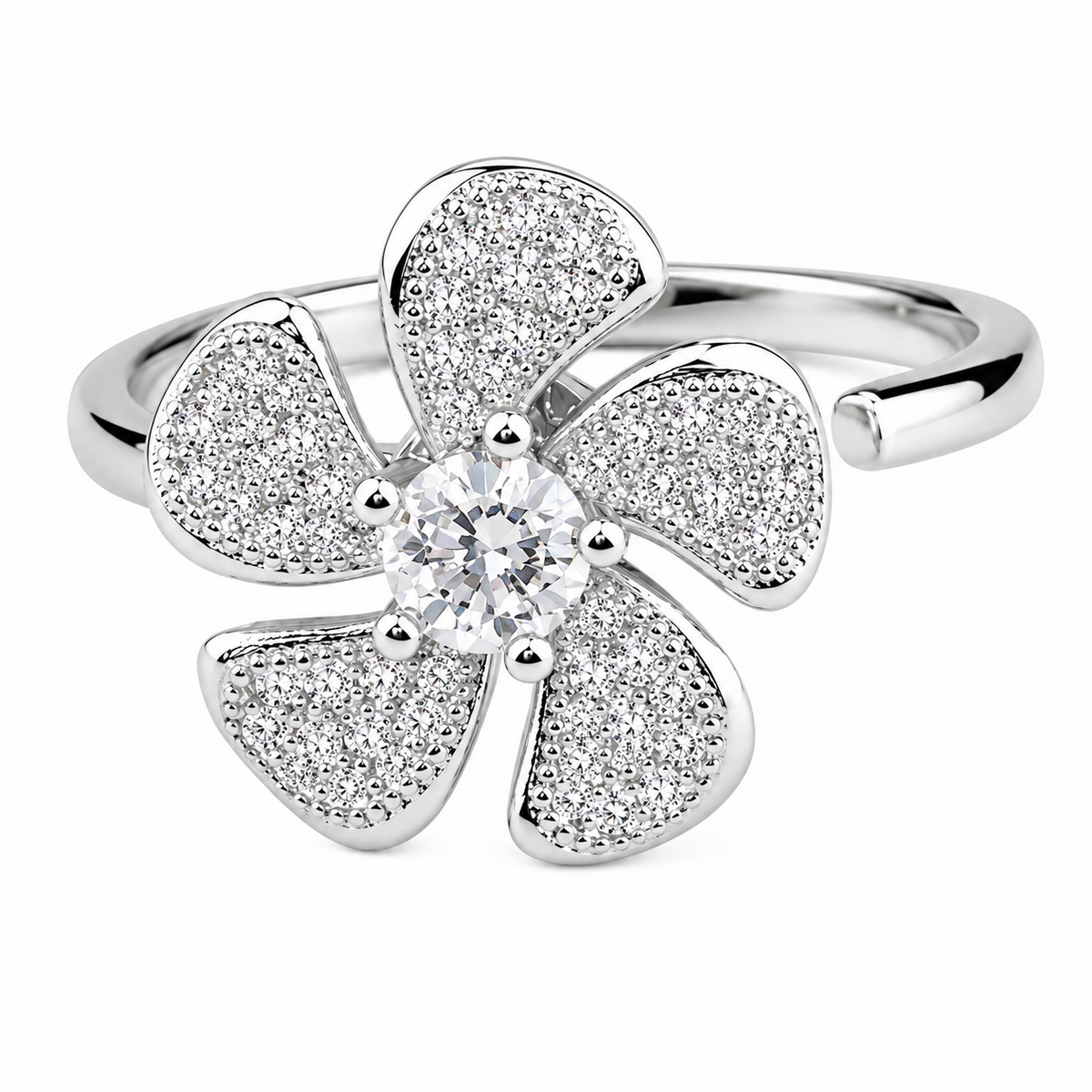 Silver Tone Floral Open Ring Adjustable Statement Ring Sparkling Flower 1588