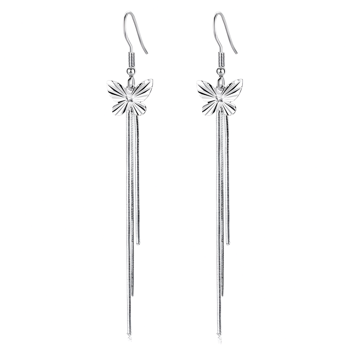 925 Silver-Plated Butterfly Tassel Drop Earrings Women – Long Silver Chains 1051
