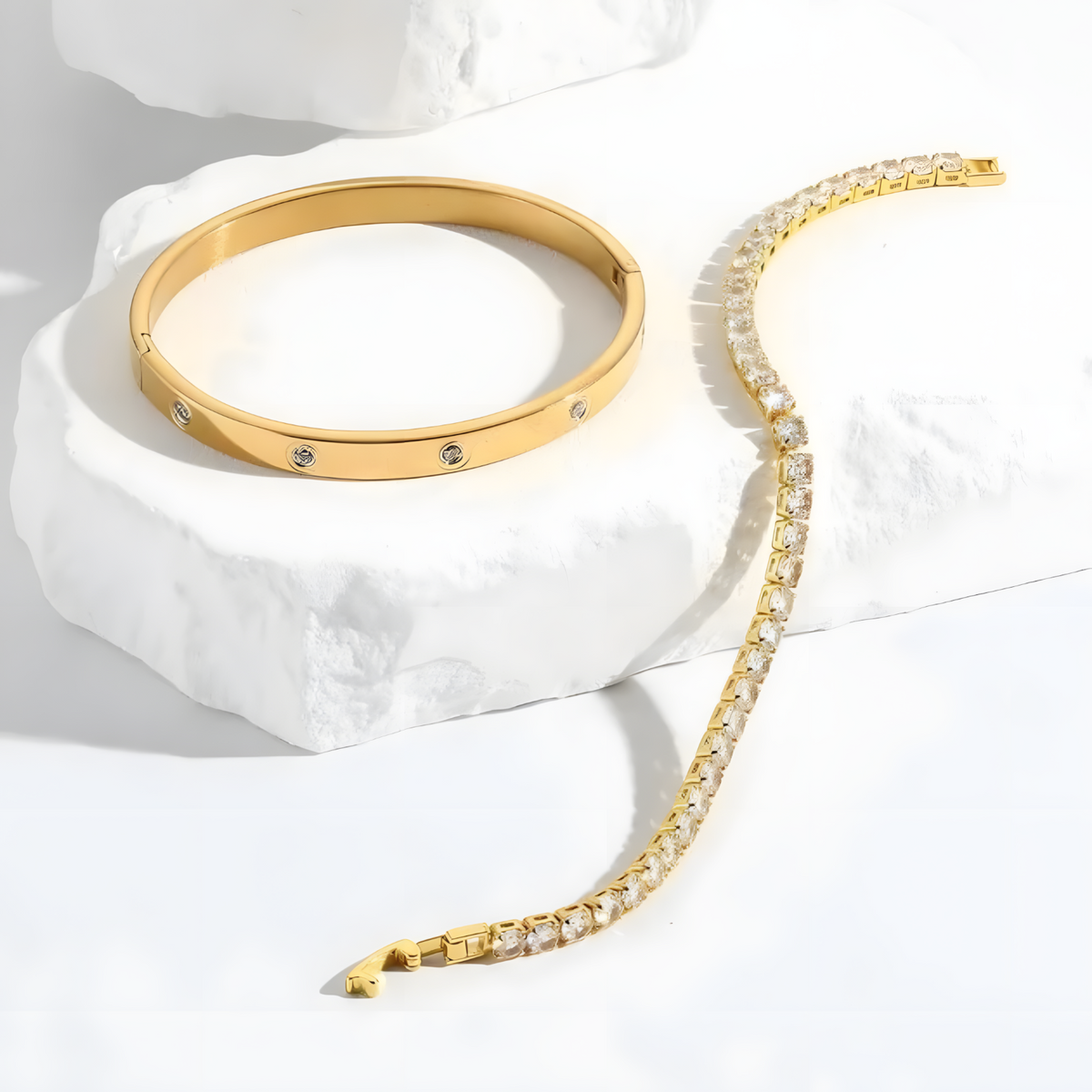 Unified Jewellery Women's Gold Plated Bangle & Tennis Bracelet Set Stackable 443