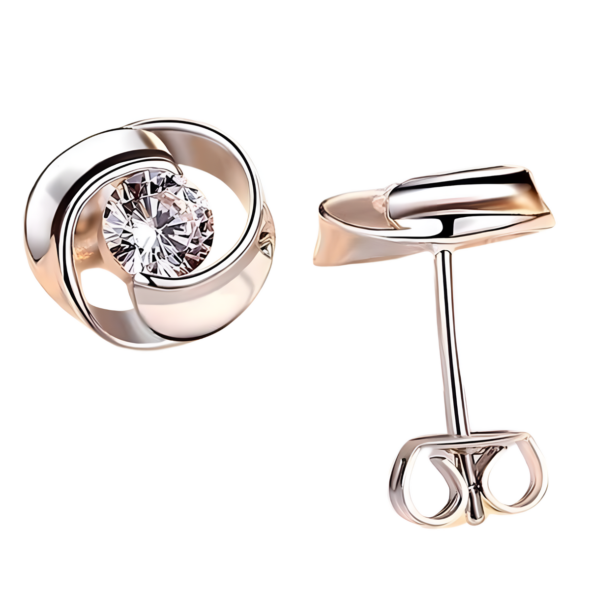 Silver Swirl Stud Earrings Women – Elegant Cubic Zirconia Round Cut Earrings 950