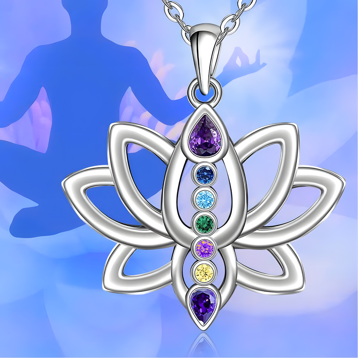 7 Chakra Tree of Life Pendant, Silver Plated Yoga Healing Stone Necklace B151