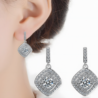 925 Sterling Silver Cubic Zirconia Drop Earrings, Double Halo Square Design 306