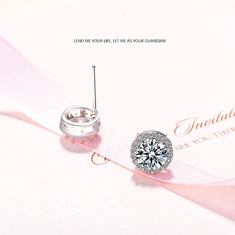 Sterling Silver AAA Zircon Halo Stud Earrings, 10mm Round Brilliant Cut 347