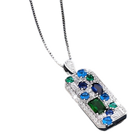 Silver Box Chain Pendant Necklace Women – Blue & Green Cubic Zirconia Rectan 668