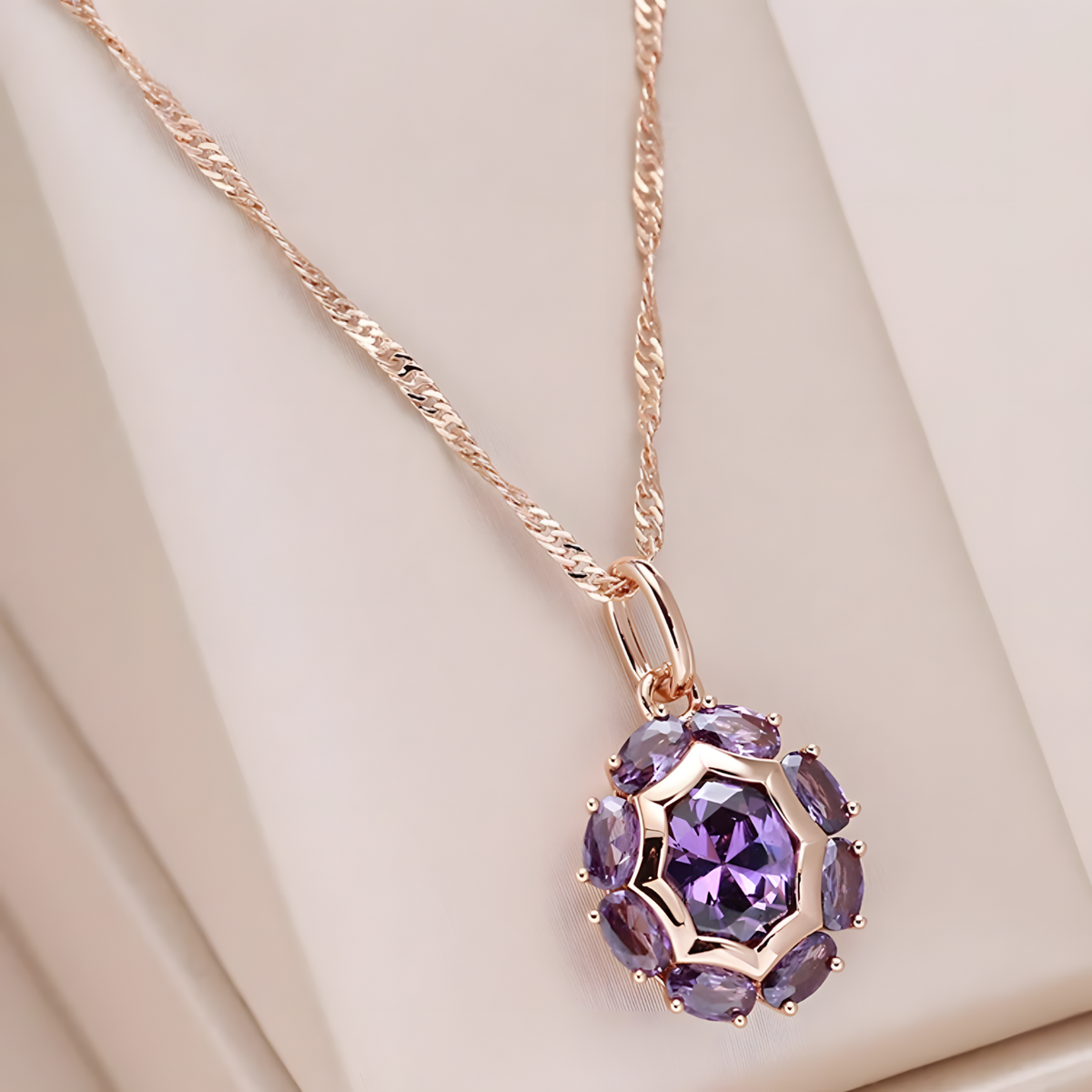 Women's Oval Purple Zircon Pendant Necklace 585 Rose Gold Color Chain Copper 589