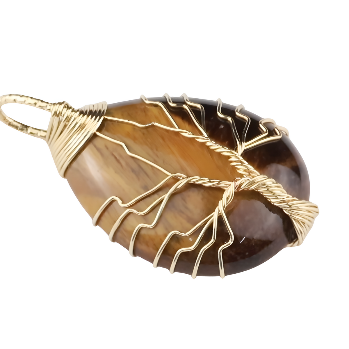 Gold Tiger Eye Tree Of Life Pendant Necklace For Women Oval Gemstone 1341