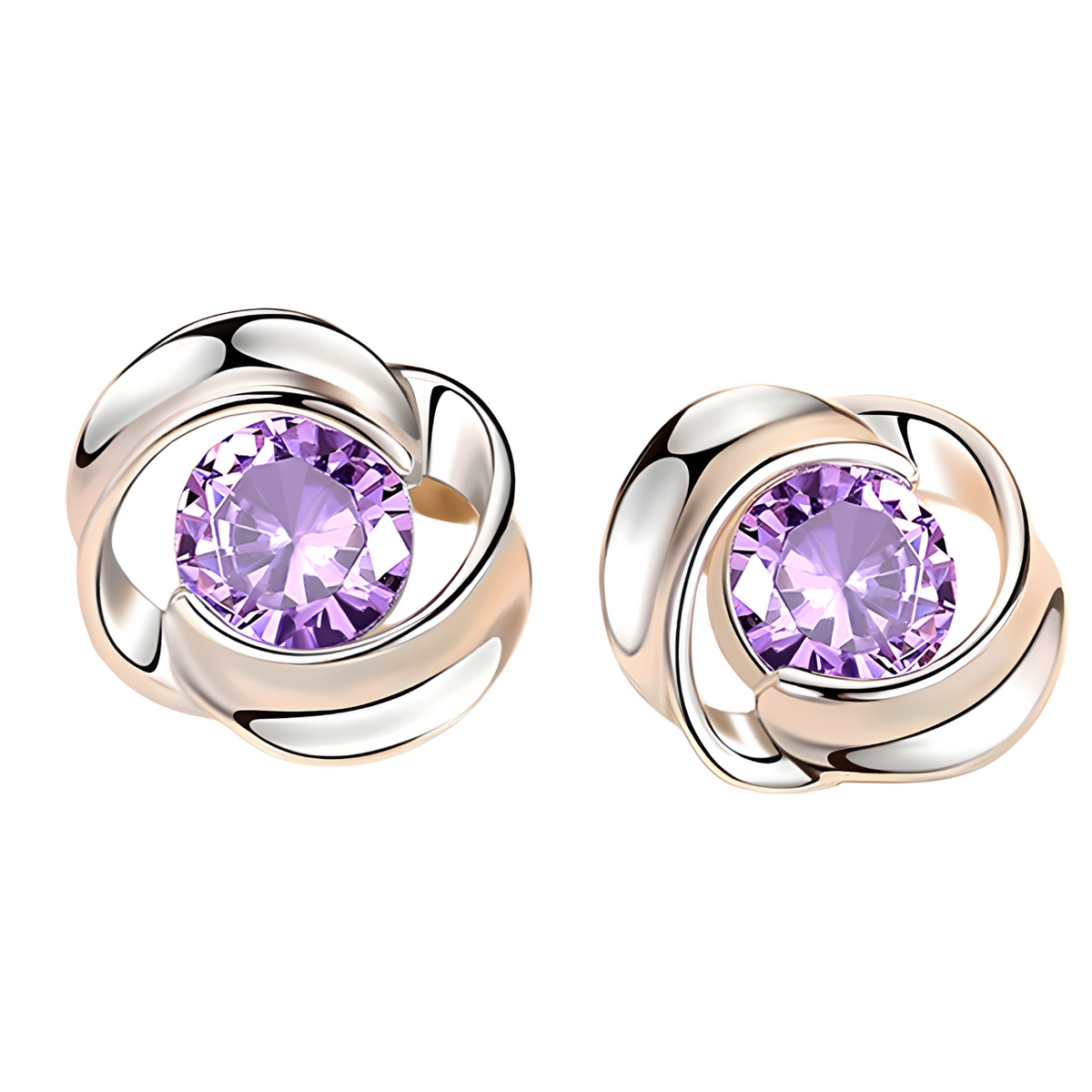 Purple Crystal Swirl Stud Earrings Women Elegant Round Cut CZ in 925 Silver 951
