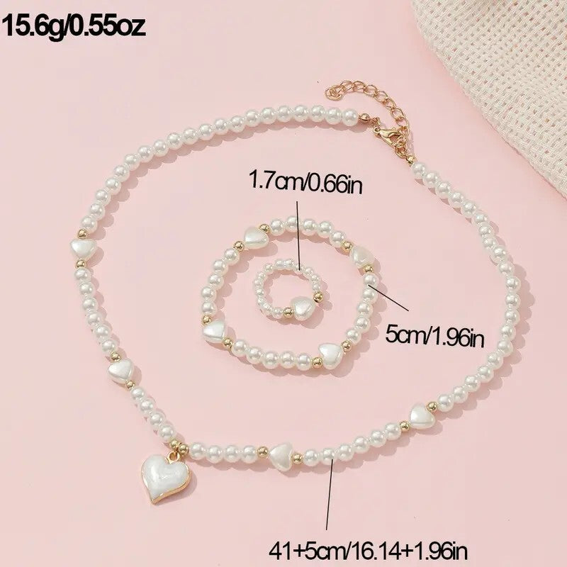 3pcs Necklace Bracelet Ring Set Girls, Sweet Heart Faux Pearl Jewelry Set 107 UK