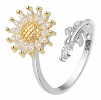 Two Tone Sunflower Ring Adjustable Open Ring with Clear Marquise Stone 1586