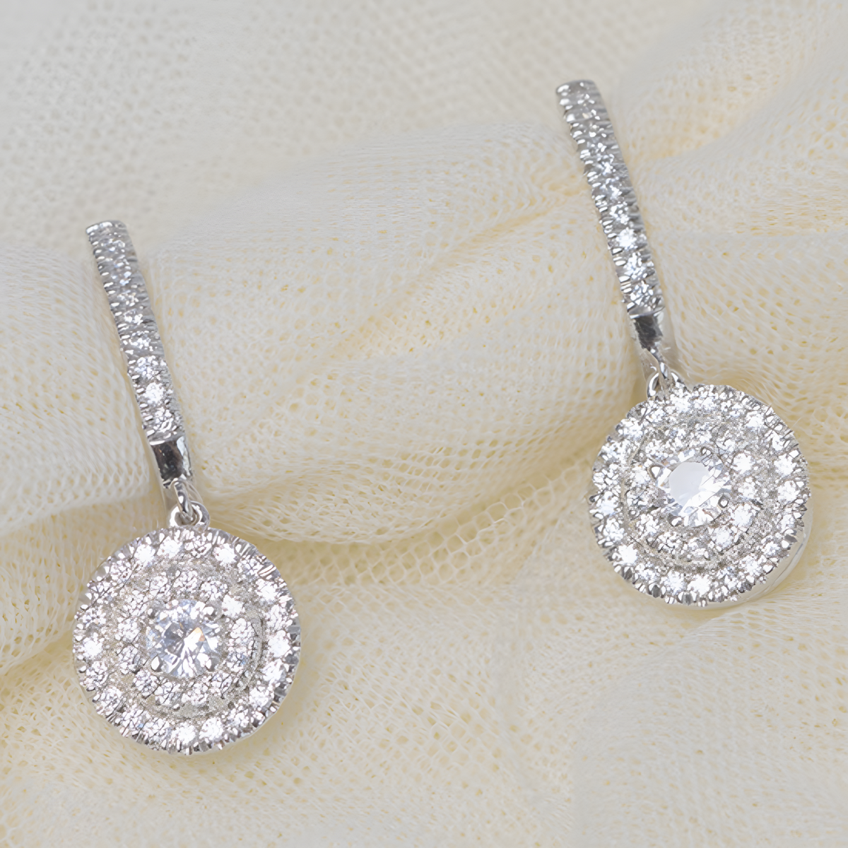 Rhodium-Plated Hoop Drop Earrings For Women With Round Cubic Zirconia Pave 1438