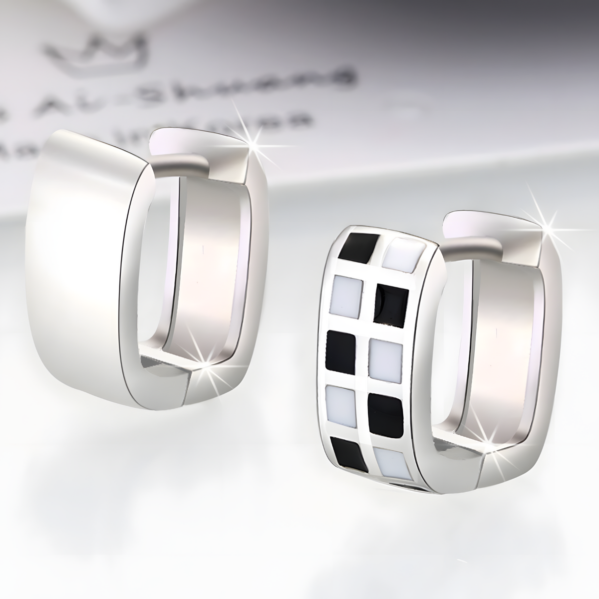 925 Silver-Plated Checkered Hoop Earrings for Women – Black & White Enamel 945