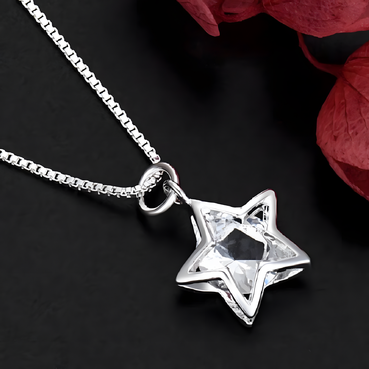 Star Crystal Pendant Necklace, 45cm Link Chain, Silver Colour Y2K Party 1794