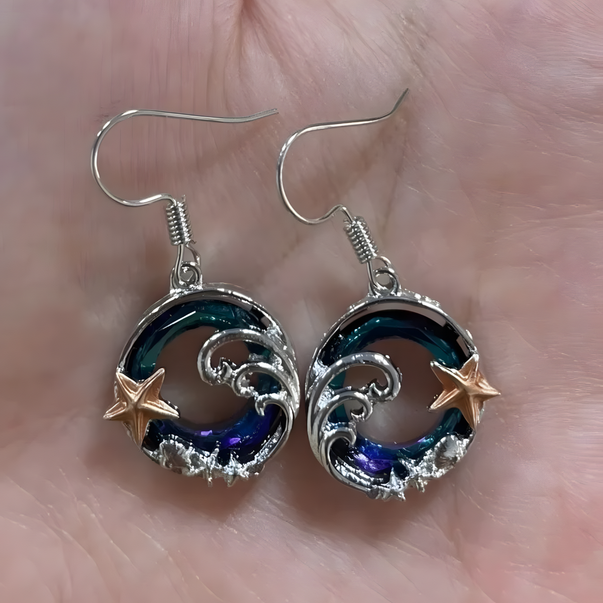 Exquisite Starfish and Shell Pendant Necklace, Blue Crystal Circle Seaside b148
