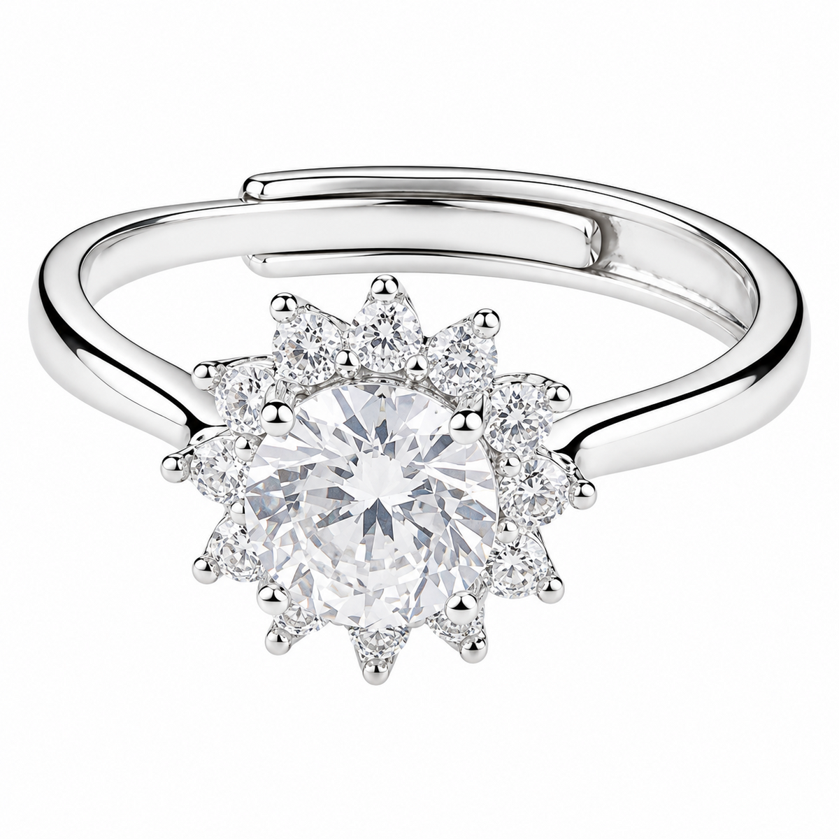 Adjustable Women Ring Round Brilliant Zircon Halo Cluster Floral Design 1667