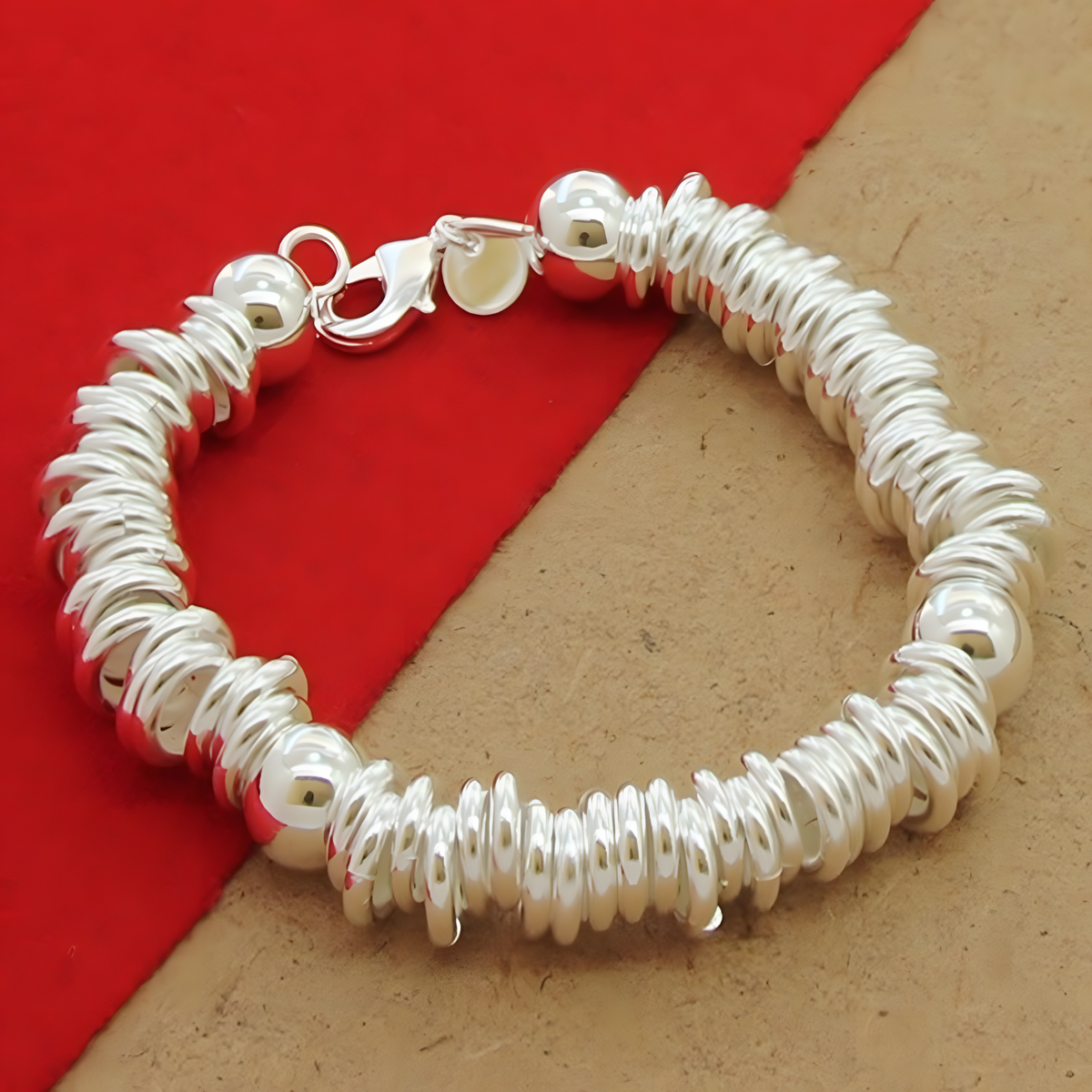 925 Sterling Silver Bell Bead Bracelet, Coiled Disc Strand Bracelet Lobster 1798
