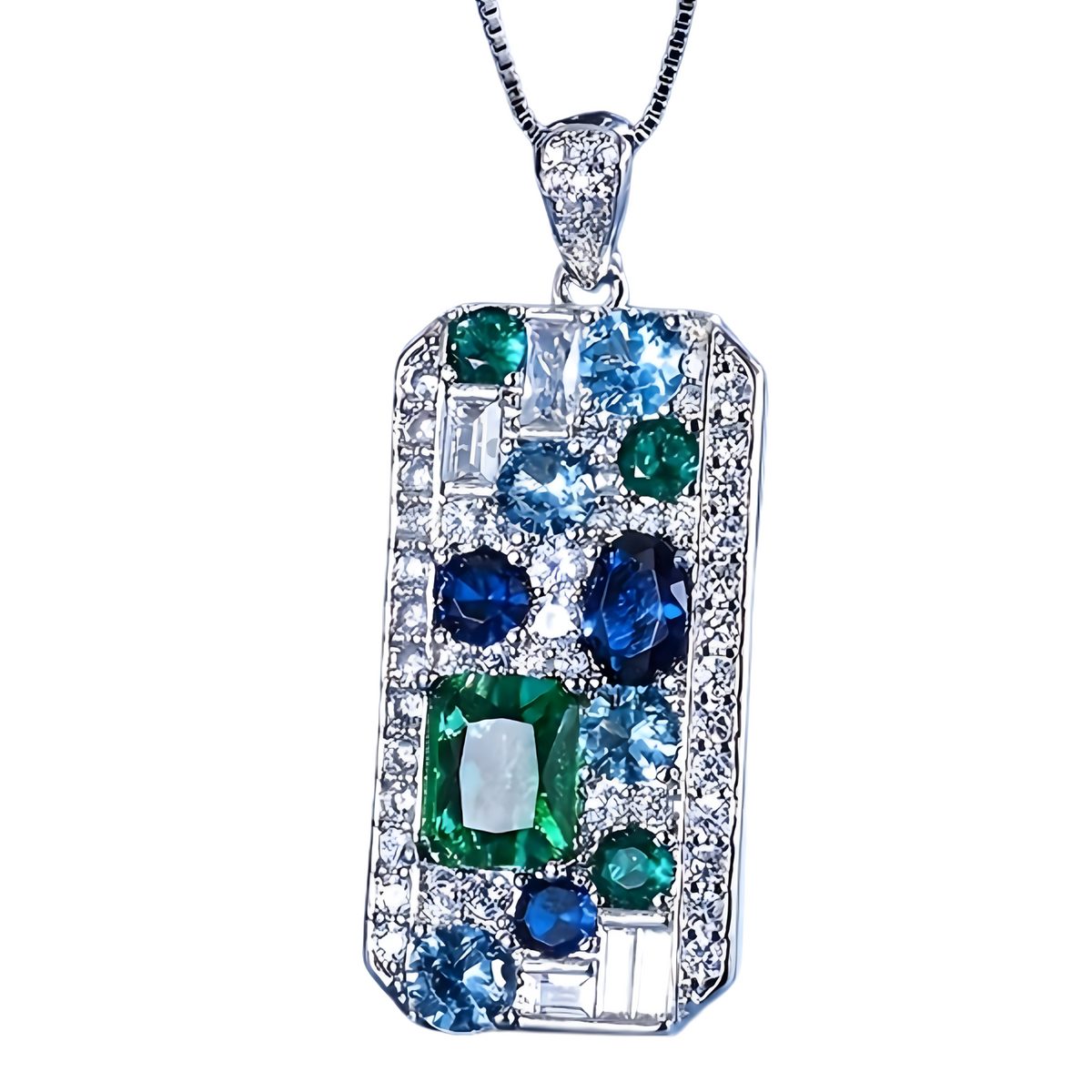 Silver Box Chain Pendant Necklace Women – Blue & Green Cubic Zirconia Rectan 668
