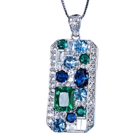 Silver Box Chain Pendant Necklace Women – Blue & Green Cubic Zirconia Rectan 668