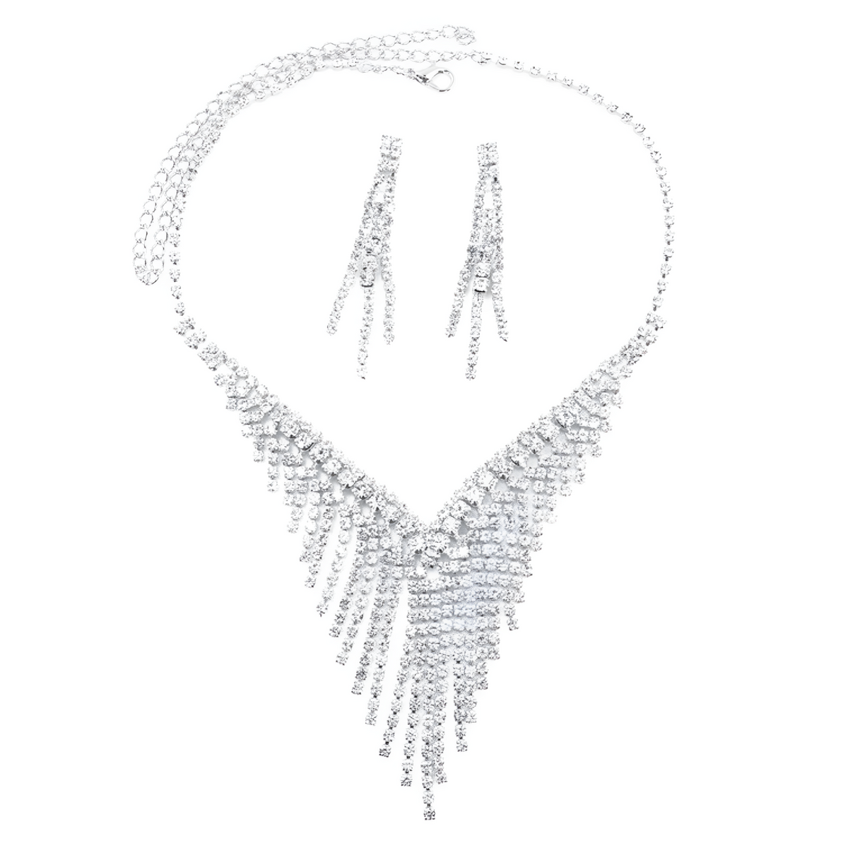 Bridal Crystal Rhinestone V-Shape Necklace & Dangle Earrings Jewelry Set 435