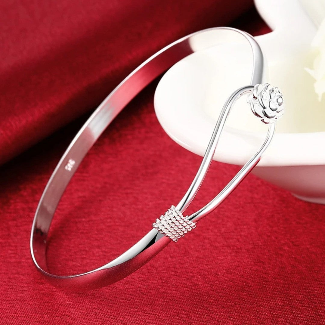 Women's Silver Bangle Bracelet with Rose Flower & Twist Knot Detail 418