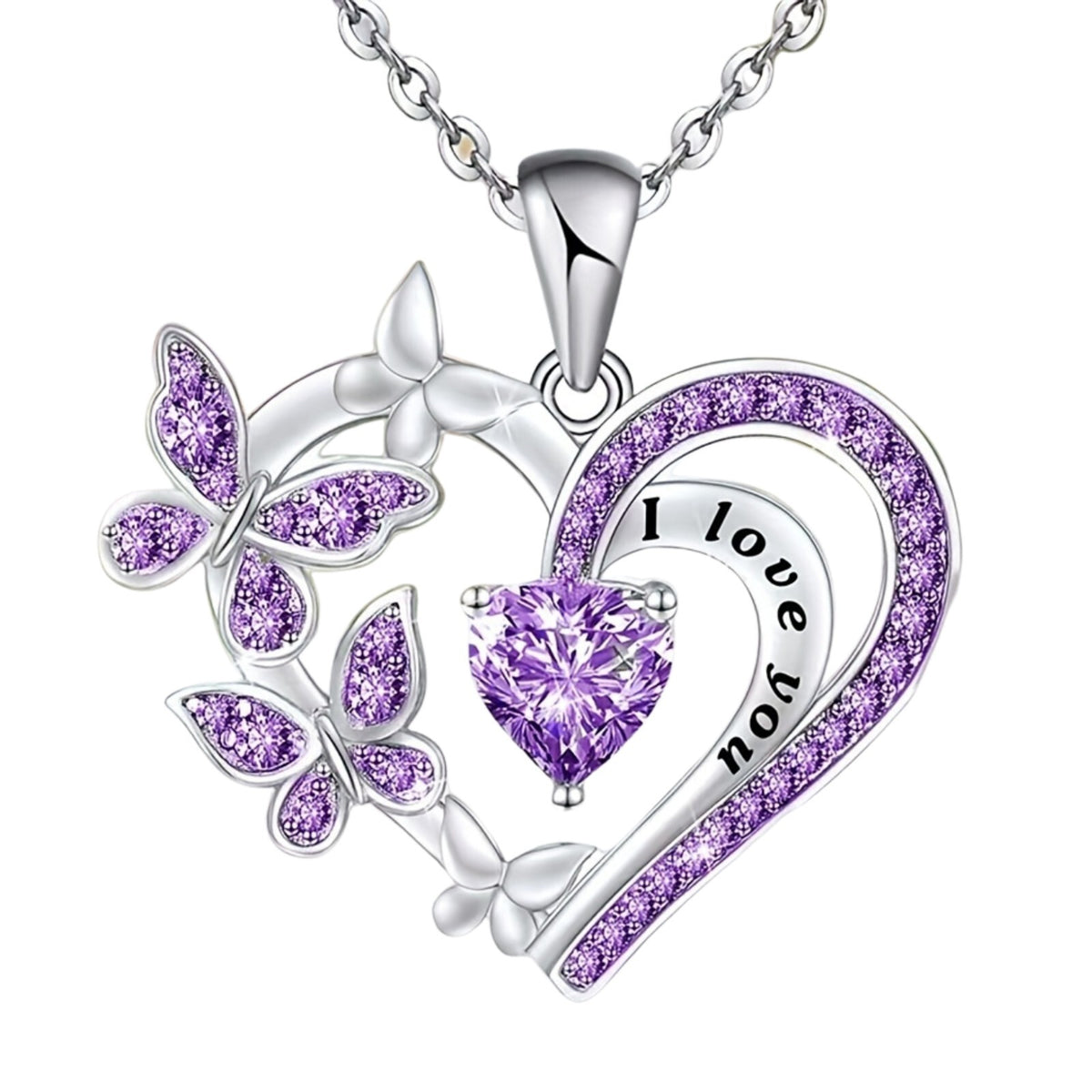 Purple Heart Butterfly "I Love You" Necklace | Silver Tone Pendant | Gift B9