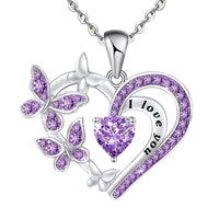 Purple Heart Butterfly "I Love You" Necklace | Silver Tone Pendant | Gift B9