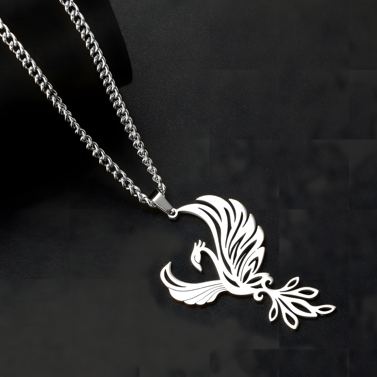 Silver Phoenix Pendant Necklace for Women, Copper Alloy with Silver Plating 1193