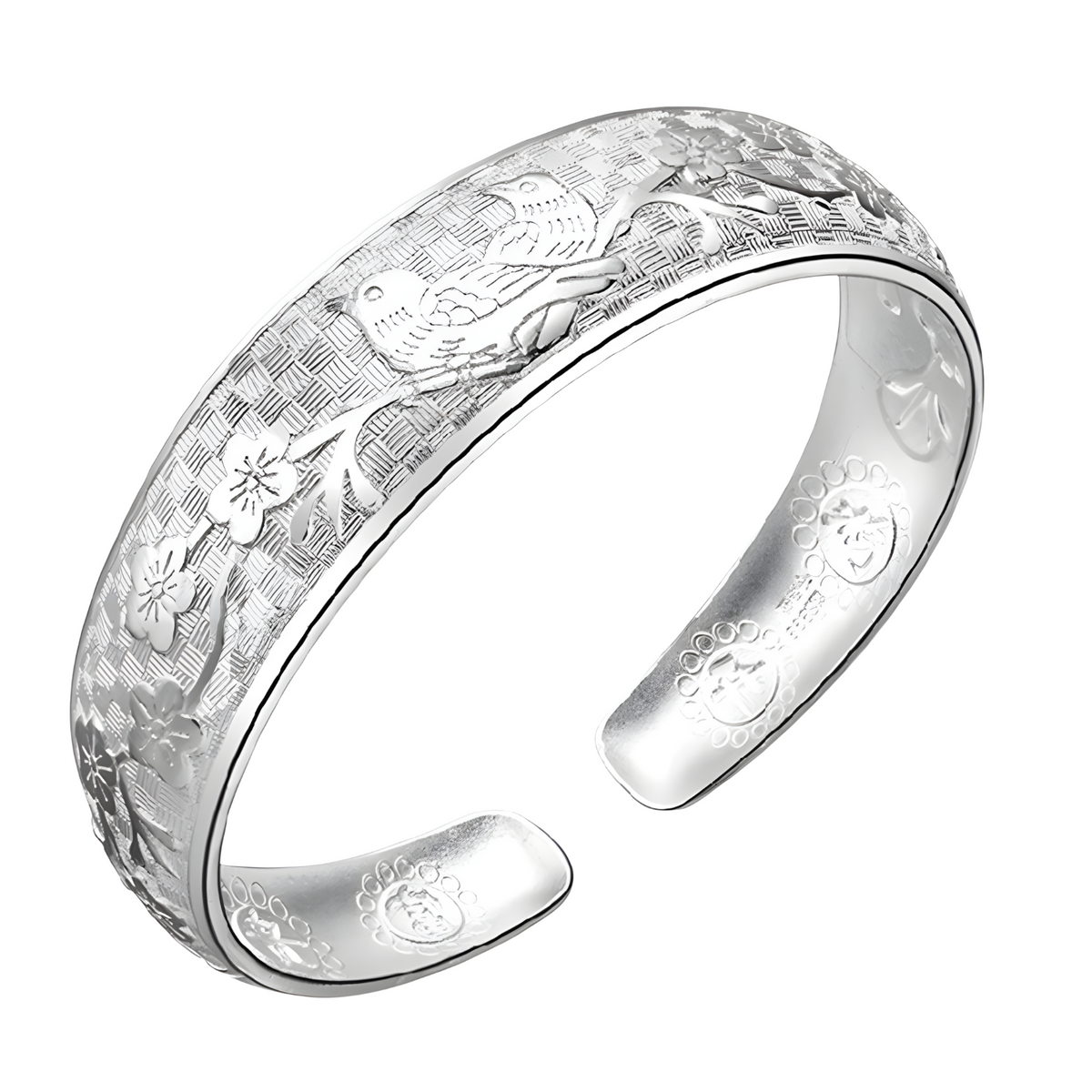 Bird Flower Open Cuff Bangle For Women - Wide Engraved Floral Bracelet  1788