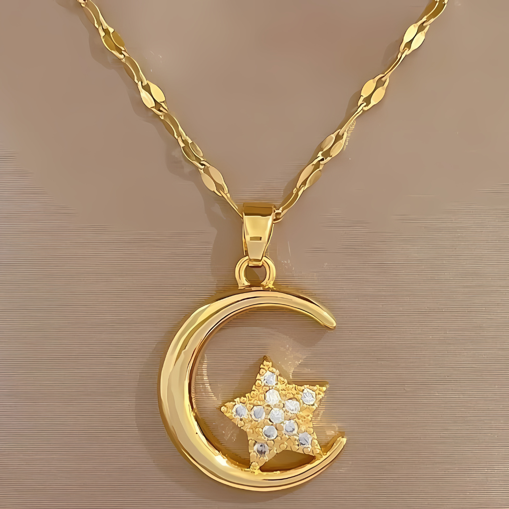 Zircon Moon & Star Pendant Necklace, Delicate Choker, Hypoallergenic 113 UK