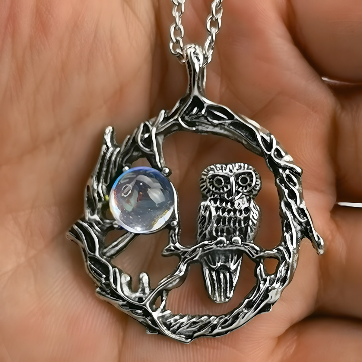 Zinc Alloy Natural Stone Owl Necklace for Women – Silver Tone Crescent Moon 1091