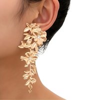 Floral Gold Long Drop Earrings for Women – Elegant 10cm Zinc Alloy Statement 766